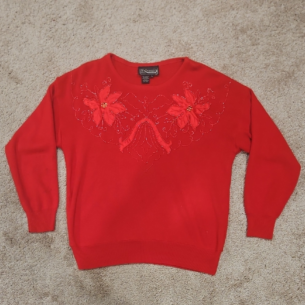 Vintage Rochelle of California Christmas Beaded Poinsettia Sweater Large Red L
